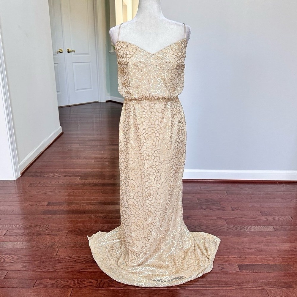 Luxury Reverie Gold Sequin Pattern Simple Elegant Plunge Gown Dress Size 14